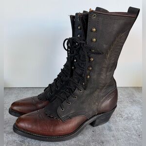 Women's Vintage Western Leather Boots Embroidered Made In USA black & brown 8